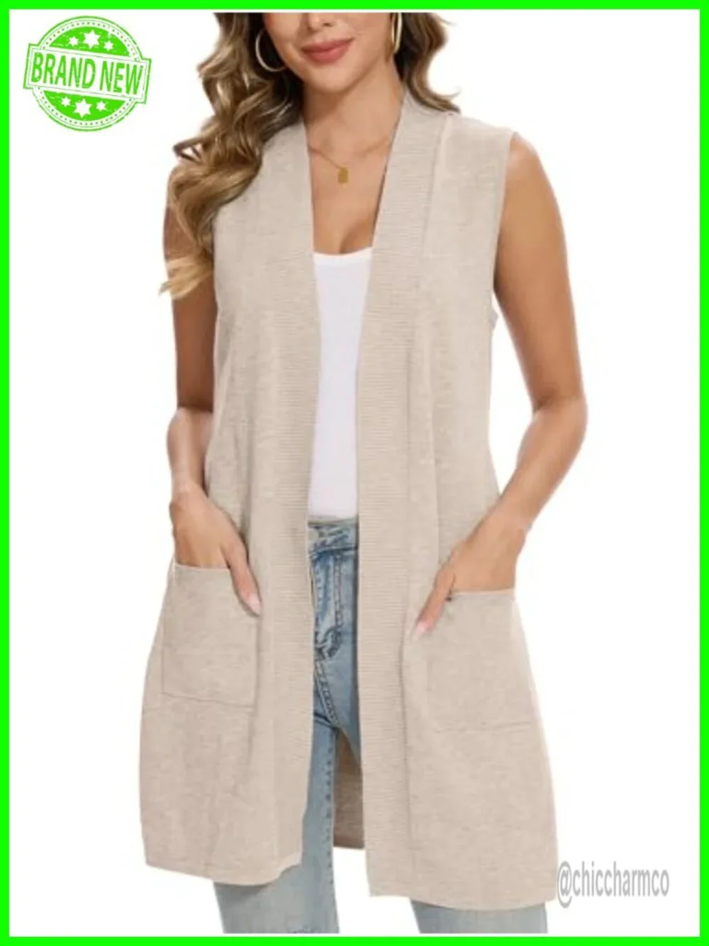 Sleeveless Ribbed Cardigan Vest with Pockets Open Front